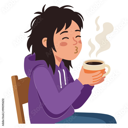 A woman enjoys a hot beverage while sitting down feeling emotions