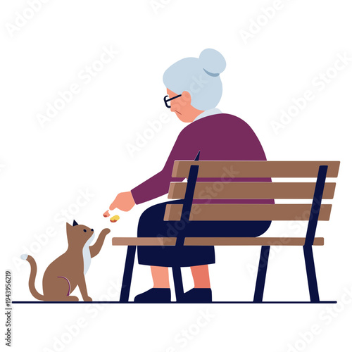 Elderly woman sitting on a park bench feeding a cat treats