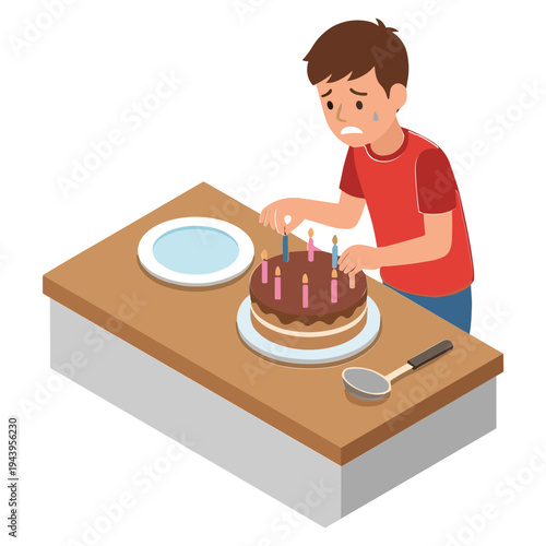 A boy sadly prepares to blow out candles on a chocolate birthday cake