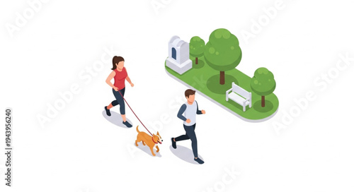People walking dog in park.
