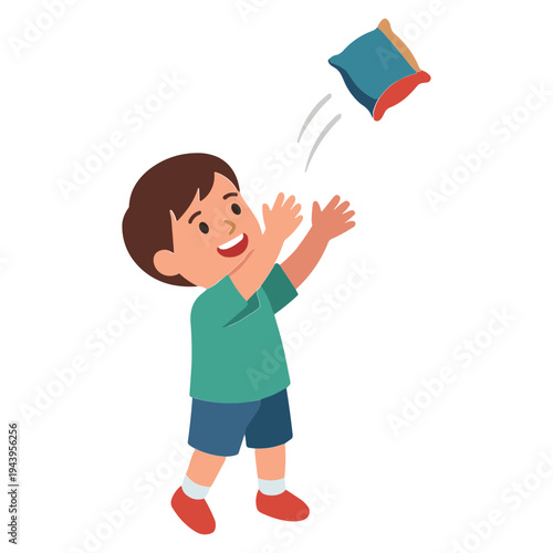 A young boy excitedly catches a flying kite outdoors in daytime