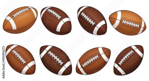 American football balls in various orientations on white background