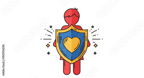 Red Cartoon Character Holding Shield.