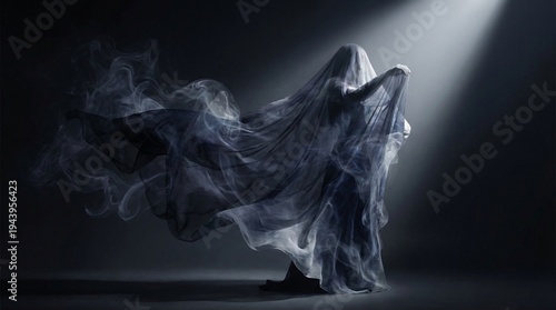 Mysterious ghostlike figure wrapped in flowing fabric emerging through dramatic light and shadow creating dark atmospheric silhouette