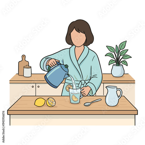 Woman pouring juice into a glass on a kitchen counter with lemons and plant