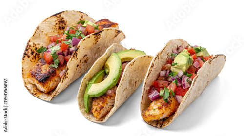 Obraz na plátně three appetizing fish tacos with fresh avocado and pico de gallo, captured in a studio setting against a transparent background, ideal for versatile graphic design applications