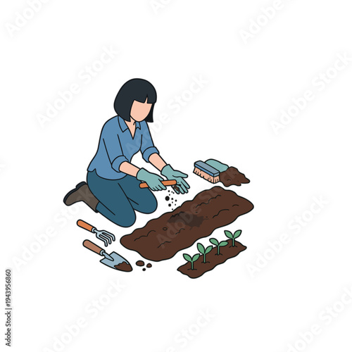 A woman kneels on the ground planting seedlings with gardening tools nearby outdoors.