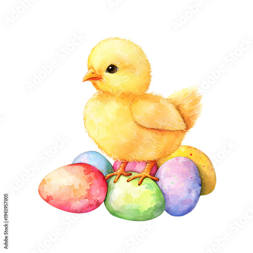 Watercolor cute chick on Easter eggs isolated on transparent background PNG