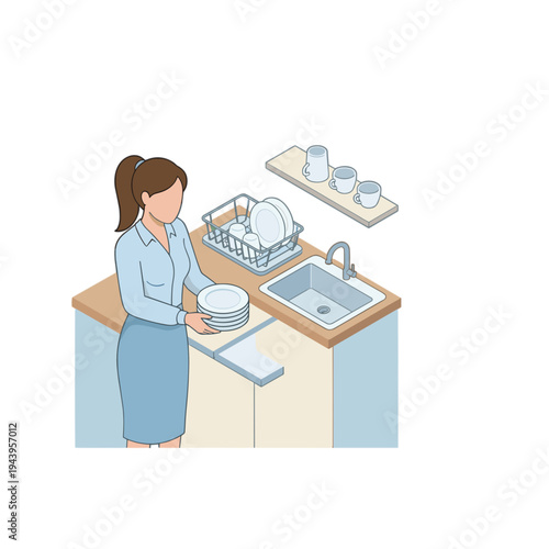 Woman washing dishes at kitchen sink with rack and utensils nearby indoors