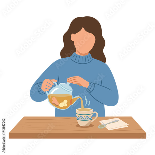 Woman pouring tea into a cup on a wooden table indoors