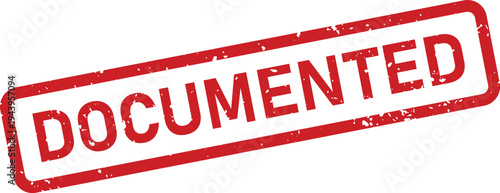A prominent red grunge rubber stamp featuring the clear word DOCUMENTED on a plain white background