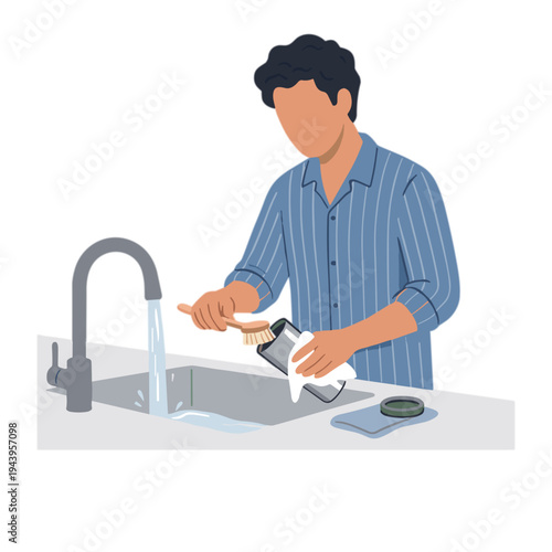 Man washing phone with soap and water at kitchen sink