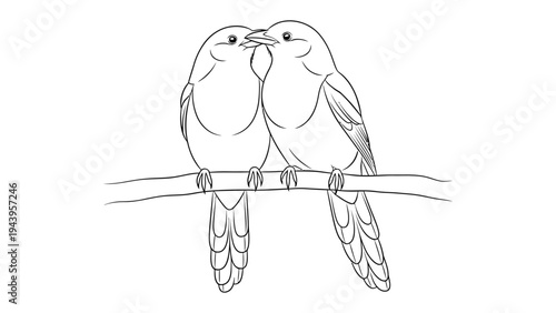 Love Birds on a Branch: Two delicate birds perch together on a slender branch, their beaks gently touching in a moment of pure affection and tender connection. Expressing the essence of love and bond.