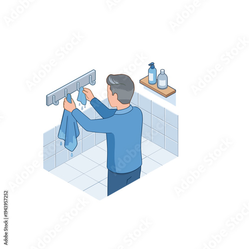 Man hanging towel on rack in modern bathroom interior