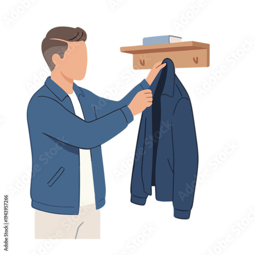 Man hanging blue jacket on wooden hook in room with book