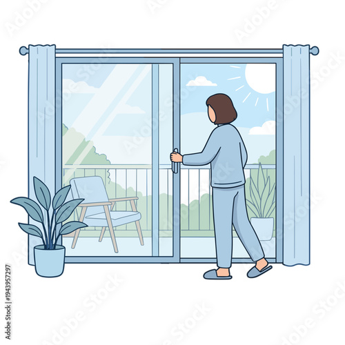 Woman opens sliding glass door to sunny balcony with plants and chair