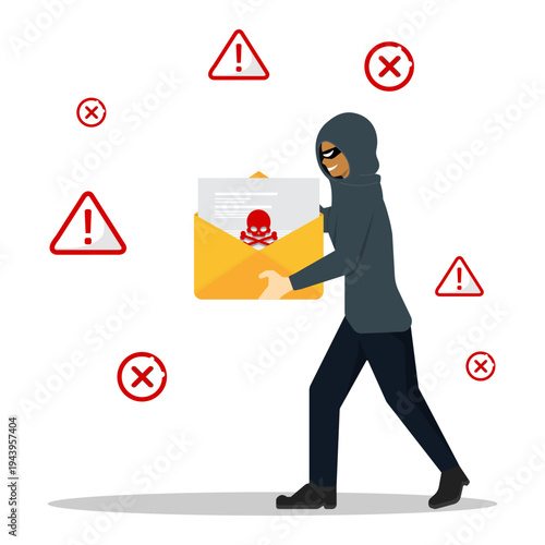 Hacker sending malicious email with warning signs, representing phishing email, spam message, cybercrime, and online security threat.