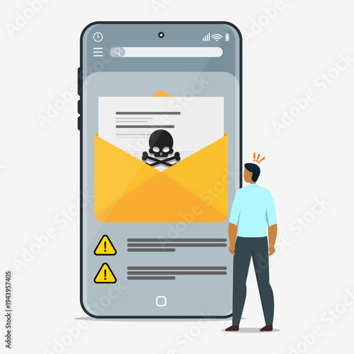 A man standing of front of big smartphone with dangerous email opened on screen. Phishing email, malicious mail and spam email concept.