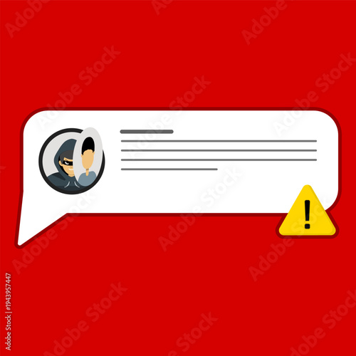Phishing message alert with hacker profile and warning symbol, representing online scam, cyber attack, spam message, and digital security threat.