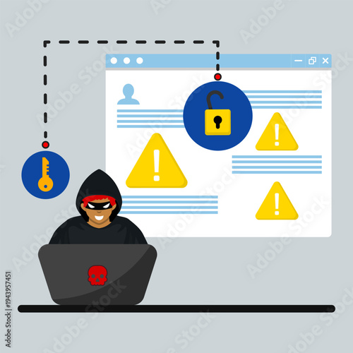 Hacker stealing login credentials from website with warning alerts and unlocked padlock, representing phishing attack, data breach, password theft, and cybersecurity threat.
