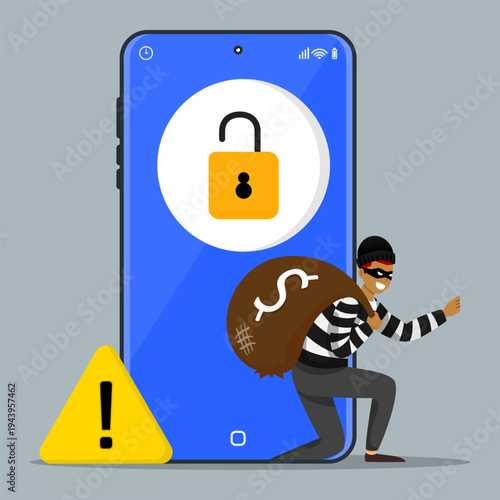 Mobile security breach with hacker stealing money bag from smartphone, symbolizing cybercrime, hacking, online fraud, data theft, and digital security risk.