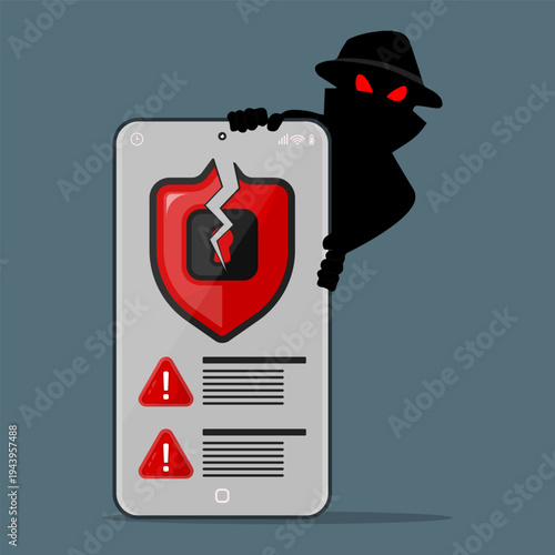 Silhouette of cyber hacker breaking smartphone security shield with warning alerts, symbolizing mobile hacking, cybersecurity breach, malware attack, and digital data threat.