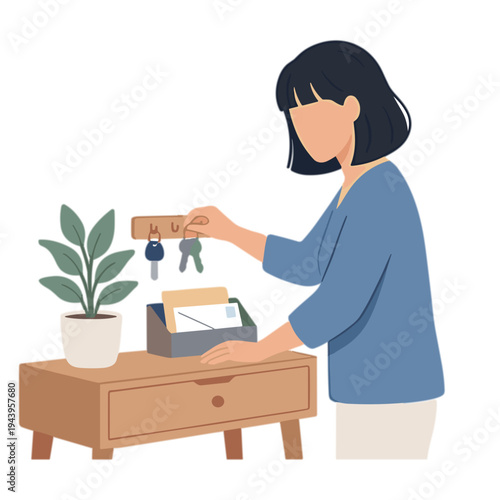 Woman holding keys and placing them on a wooden table with a plant.