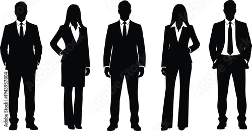 Professional business team men and women in suits blazers trousers skirts, confident standing poses hands on hips, black silhouette vector illustration, corporate group