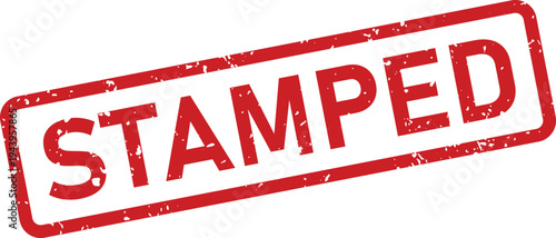 A prominent red grungy rubber stamp displays the word STAMPED on a clean white background