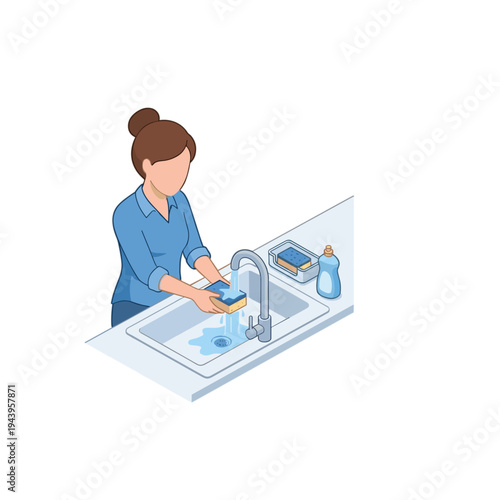 Woman washing dishes with soap and sponge at kitchen sink