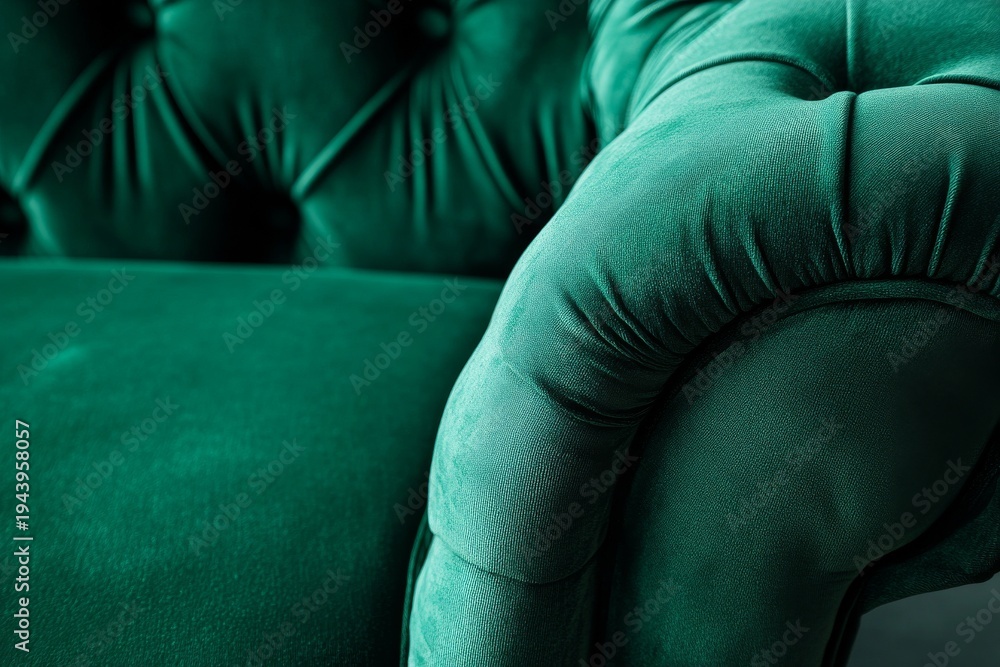 Fototapeta premium Explore the details of a vintage sofa in emerald velour fabric with stitched design and blurred background
