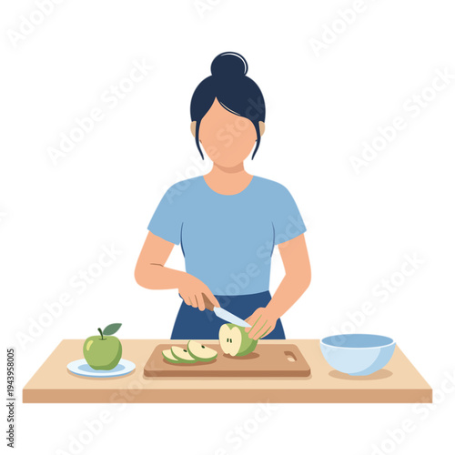 Woman cutting green apple on wooden board in kitchen