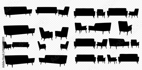 Collection of various sofa and armchair silhouettes for interior design and furniture concepts.