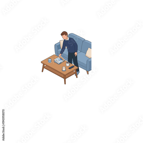 Man in business attire working on laptop at home with sofa