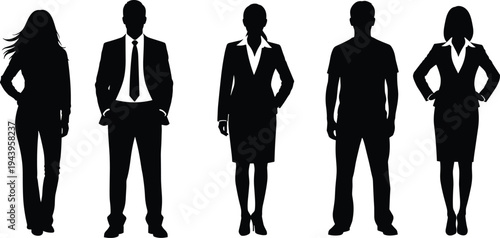 Professional business team men and women in suits blazers skirts, confident standing poses hands on hips, black silhouette vector illustration, corporate group