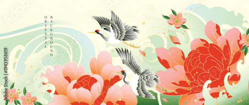 Peony and crane Japanese floral background vector. Red peony flowers with flying cranes in elegant oriental design for banner, greeting card, wall art, packaging and digital media.