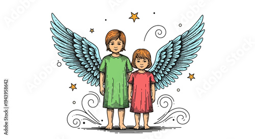 Two little girls with angel wings.