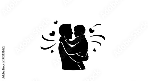 Silhouette of a man hugging child.
