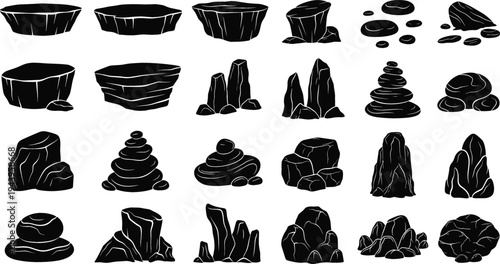 Rock and stone silhouette vector set with natural boulders, stacked stones, cliffs, and landscape rock formations isolated black shapes