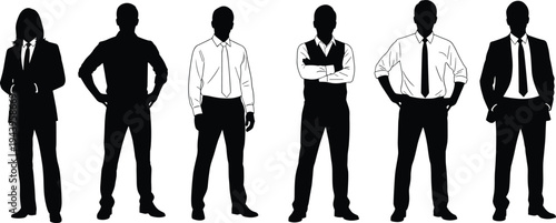 Professional business team men and women in suits shirts blazers, confident standing poses arms crossed hands on hips, black silhouette vector illustration, corporate group