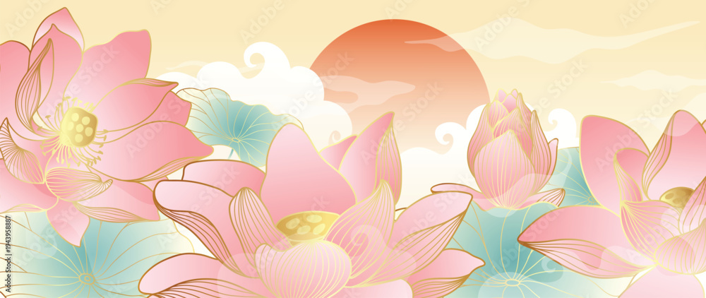 Fototapeta premium Lotus flower sunrise oriental background vector. Pink lotus blooms with glowing sun and soft water in elegant Asian floral landscape for banner, wall art and packaging.
