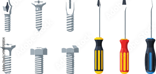 Screwdriver and metal screw vector set with Phillips, flat head drivers, construction fasteners, and hand tools for repair, carpentry, and maintenance
