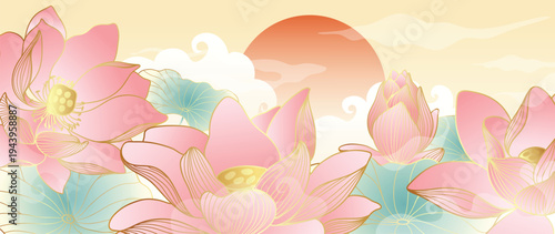 Lotus flower sunrise oriental background vector. Pink lotus blooms with glowing sun and soft water in elegant Asian floral landscape for banner, wall art and packaging.