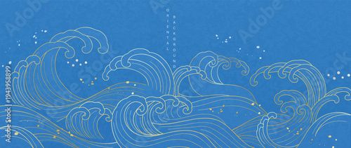 Japanese wave oriental background vector. Blue ocean waves with golden line details in elegant traditional design for banner, wall art, packaging and digital media.