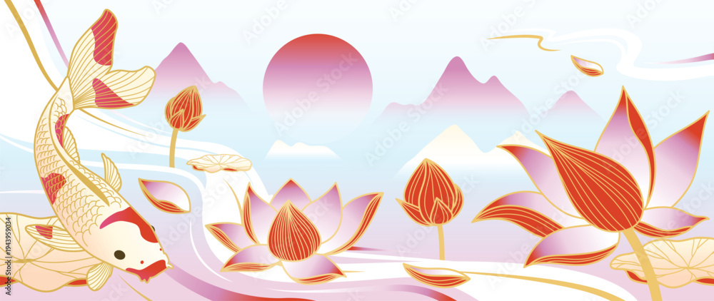 Fototapeta premium Lotus and koi fish oriental landscape vector. Pastel mountains, sunrise, lotus flowers and swimming koi in elegant Asian background for banner, wall art, packaging and digital media.
