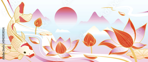 Lotus and koi fish oriental landscape vector. Pastel mountains, sunrise, lotus flowers and swimming koi in elegant Asian background for banner, wall art, packaging and digital media.