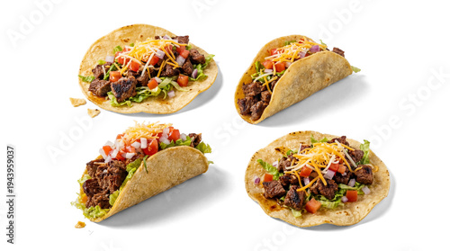 Fotografija four delectable steak tacos with vibrant toppings and shredded cheese, presented in a clean layout on a white background