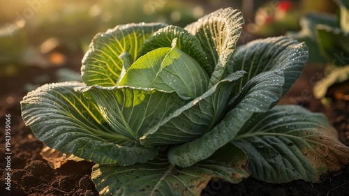Wallpaper Mural Fresh green cabbage growing in garden soil with morning dew drops on leaves Torontodigital.ca