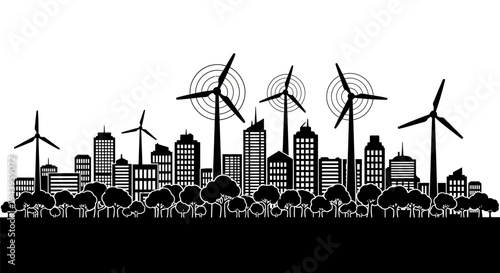 Wind turbines in city landscape.