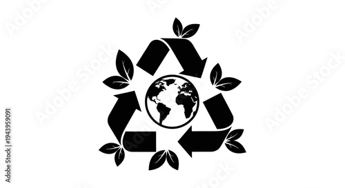 Recycling symbol with earth and leaves illustration.